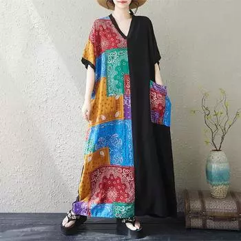 DIMANAF 2025 Летнее женское платье больших размеров, базовое повседневное платье, свободное винтажное принтованное длинное пляжное платье с коротким рукавом One Size синий