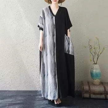 DIMANAF 2025 Летнее женское платье больших размеров, базовое повседневное платье, свободное винтажное принтованное длинное пляжное платье с коротким рукавом One Size серый
