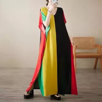 DIMANAF 2025 Летнее женское платье больших размеров, платье свободного покроя, базовое винтажное повседневное праздничное свободное макси с V-образным вырезом XL жёлтый