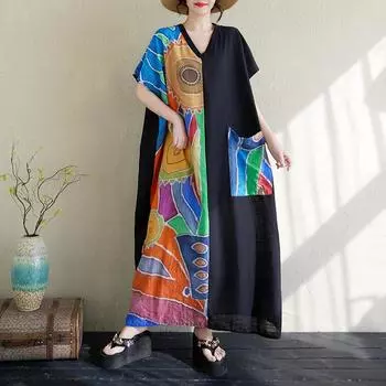 DIMANAF 2025 Летнее женское платье больших размеров Свободное платье с принтом Карманное элегантное базовое винтажное повседневное макси-платье One Size чёрный