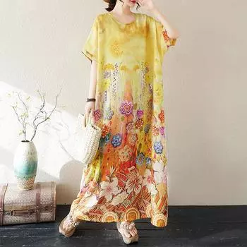 DIMANAF 2025 Летнее женское платье больших размеров, базовое повседневное платье, свободное винтажное цветочное длинное пляжное платье с принтом One Size жёлтый