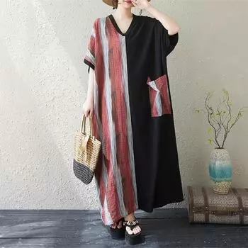 DIMANAF 2025 Летнее женское платье больших размеров, базовое повседневное платье, свободное винтажное принтованное длинное пляжное платье с коротким рукавом One Size красный