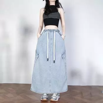 Dimanaf 2025 Летние эластичные джинсовые юбки больших размеров Женские А-силуэта Модные Свободные Длинные юбки с высокой талией Винтажные Макси M синий
