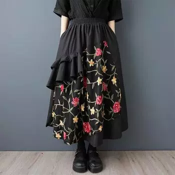 DIMANAF 2025 Летние эластичные юбки больших размеров Повседневные женские свободные юбки с цветочным принтом Плиссированные с высокой талией Модные винтажные макси One Size чёрный