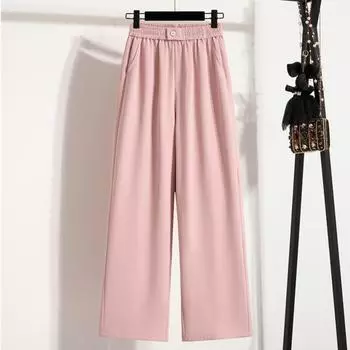 DIMANAF 2025 Летние Длинные Брюки Большого Размера Женские Эластичная Талия Повседневные Свободные Розовые Брюки Новые Однотонные Брюки M розовый