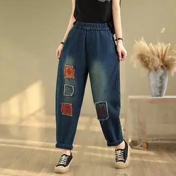 Dimanaf 2025 Летние джинсы больших размеров для женщин, эластичные базовые длинные брюки, джинсовые свободные шаровары, повседневные брюки в стиле пэчворк M синий