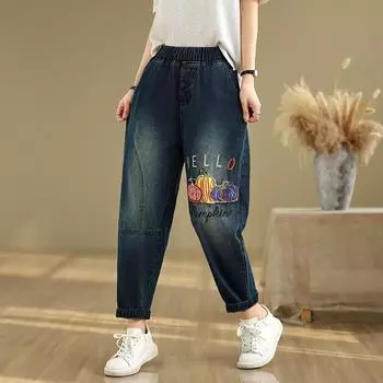 Dimanaf 2025 Летние джинсы больших размеров для женщин, эластичные базовые брюки, джинсовые свободные шаровары, повседневные длинные брюки в стиле пэчворк M синий