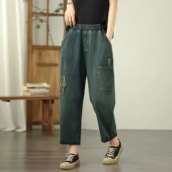 Dimanaf 2025 Летние джинсы больших размеров для женщин, эластичные базовые длинные брюки, джинсовые свободные шаровары, повседневные синие брюки M синий