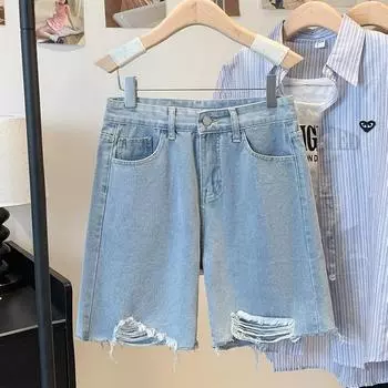 DIMANAF 2025 Летние джинсы Короткие джинсы Брюки дырки Женские свободные повседневные брюки-шаровары из денима Большие синие брюки M синий