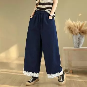 Dimanaf 2025 Летние джинсы женские эластичные базовые длинные брюки кружевные джинсовые свободные широкие брюки повседневные синие брюки больших размеров M темно-синий