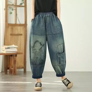 DIMANAF 2025 Летние джинсы женские эластичные базовые длинные брюки джинсовые свободные повседневные брюки с широкими штанинами повседневная печать большие размеры M синий