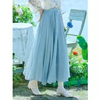 DIMANAF 2025 Летние однотонные женские новые юбки эластичные элегантные белые плиссированные юбки кружевные с высокой талией one size синий