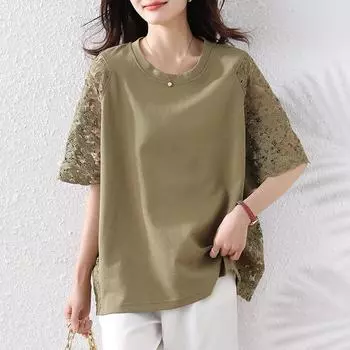 DIMANAF 2025 Летние топы больших размеров из хлопка с круглым вырезом и кружевом, ажурная футболка для женщин, однотонные свободные футболки с коротким рукавом L