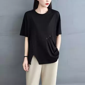 DIMANAF 2025 Летние топы больших размеров из хлопка с круглым вырезом, однотонные асимметричные женские свободные футболки с коротким рукавом L чёрный