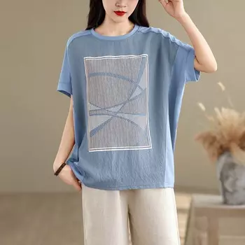 Dimanaf 2025 Летние топы больших размеров из хлопка с круглым вырезом, женские свободные футболки с полосатым принтом и коротким рукавом L синий