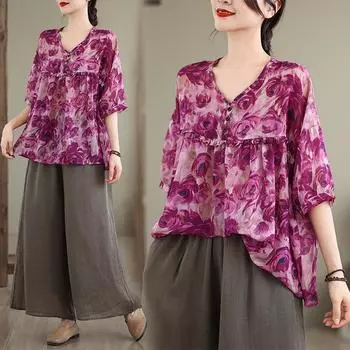 DIMANAF 2025 Летние топы больших размеров из хлопка с V-образным вырезом Футболка женская с цветочным принтом Винтажные свободные футболки с коротким рукавом L фиолетовый
