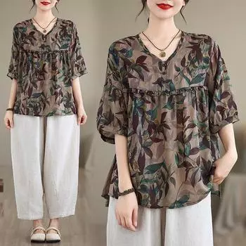 DIMANAF 2025 Летние топы больших размеров из хлопка с V-образным вырезом Футболка женская с принтом Винтажные свободные футболки с коротким рукавом L коричневый