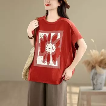 DIMANAF 2025 Летние Топы Большого Размера Хлопковая Футболка с Круглым Вырезом Женщины Рукав Летучая Мышь Принт Свободные Футболки L чёрный