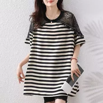 Dimanaf 2025 Летние топы больших размеров из хлопка с круглым вырезом и кружевной футболкой в полоску для женщин, однотонные свободные футболки с коротким рукавом L чёрный