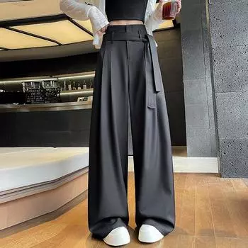 DIMANAF 2025 Летние Женские Брюки Большого Размера с Широкими Штанинами и Высокой Посадкой, Базовые Эластичные Брюки, Свободные Повседневные Брюки, Плиссированные Брюки 5XL S чёрный