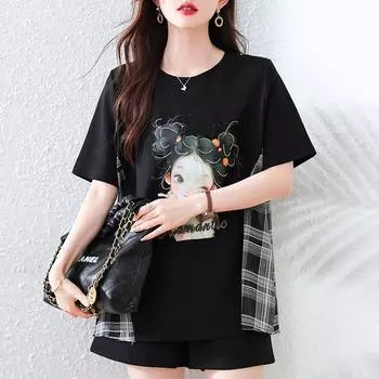 DIMANAF 2025 Летние Женские Футболки Большого Размера с Узором, Комбинированные, с Круглым Вырезом, с Коротким Рукавом, Топы, Футболки, Свободная Рубашка L чёрный