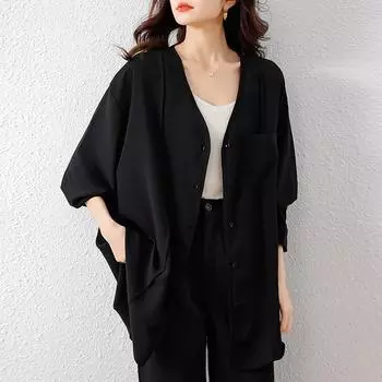DIMANAF 2025 Летние Женские Футболки Большого Размера V-образный Вырез Пуговицы Элегантные Топы с Длинным Рукавом Футболки Свободная Рубашка M чёрный