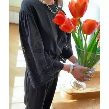 DIMANAF 2025 Летние Женские Футболки Большого Размера Цветочный Ажурный Элегантный Топ с Коротким Рукавом Футболки Свободная Рубашка One Size чёрный