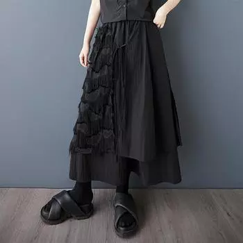 Dimanaf 2025 Летние женские новые юбки больших размеров с эластичной талией, плиссированные кружевные сращенные элегантные черные юбки One Size чёрный
