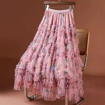DIMANAF 2025 Летние женские новые юбки из шифона с эластичной талией, плиссированные сетчатые элегантные юбки One Size розовый