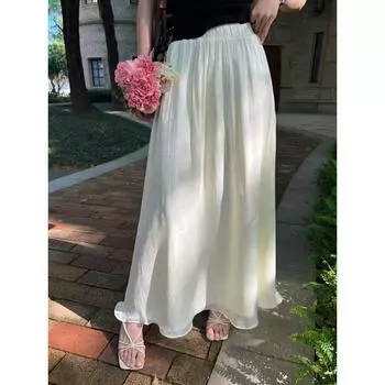 DIMANAF 2025 Летние женские новые юбки однотонные эластичные плиссированные элегантные юбки One Size бежевый