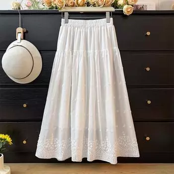 DIMANAF 2025 Летние женские новые юбки с цветочным принтом, винтажные эластичные плиссированные элегантные белые юбки с кружевом и высокой талией One Size белый