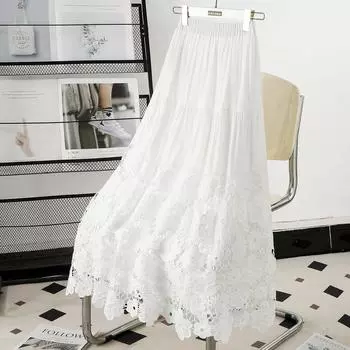 DIMANAF 2025 Летние женские новые юбки с кружевным цветком Винтажные эластичные плиссированные элегантные белые юбки с кружевом и высокой талией One Size белый