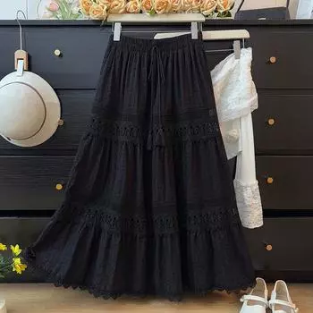 DIMANAF 2025 Летние женские новые юбки винтажные эластичные плиссированные элегантные белые черные юбки кружевные с высокой талией One Size чёрный