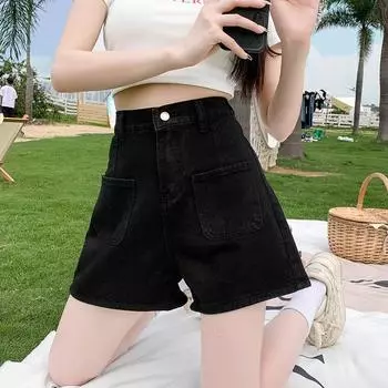 DIMANAF 2025 Летние женские синие шорты джинсы брюки женские эластичные базовые брюки с высокой талией брюки S чёрный