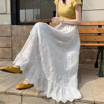 DIMANAF 2025 Летние женские юбки Винтажные эластичные белые плиссированные элегантные длинные юбки Новые кружевные юбки с высокой талией One Size белый