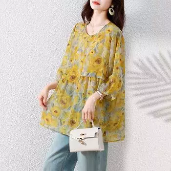 DIMANAF 2025 Летняя Блузка Большого Размера Оверсайз Футболка Женская Цветочная Свободные Топы Футболки Мода Новая Рубашка L жёлтый