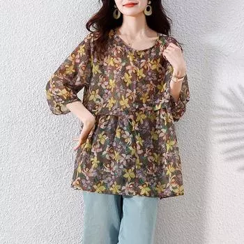 DIMANAF 2025 Летняя Блузка Большого Размера с Короткими Рукавами, Футболка Оверсайз, Женские Цветочные Свободные Топы, Футболки, Модная Новая Рубашка L коричневый