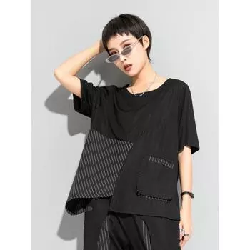 DIMANAF 2025 Летняя футболка больших размеров для женщин с асимметричным коротким рукавом из хлопка, свободные черные топы, футболки, повседневные M чёрный