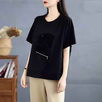 DIMANAF 2025 Летняя футболка больших размеров для женщин в стиле пэчворк с коротким рукавом свободные топы футболки повседневные новые L чёрный