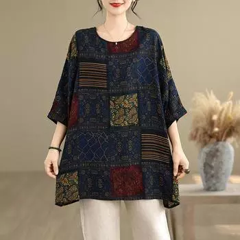 DIMANAF 2025 Летняя футболка больших размеров для женщин с цветочным принтом и рукавами «летучая мышь», свободные топы, повседневные One Size чёрный