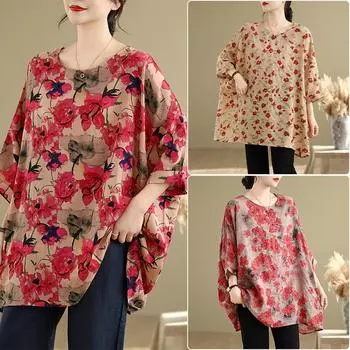 DIMANAF 2025 Летняя футболка больших размеров для женщин с цветочным принтом и рукавами «летучая мышь», свободные топы, повседневные One Size золотой