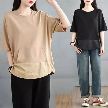 Dimanaf 2025 Летняя футболка больших размеров для женщин, базовая, винтажная, свободная, большого размера, однотонная, повседневная, с круглым вырезом, топы, футболки One Size розовый