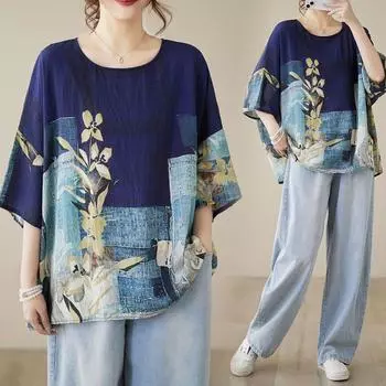 DIMANAF 2025 Летняя футболка больших размеров для женщин из льна в винтажном стиле, свободные, повседневные, с принтом, топы, футболки One Size синий