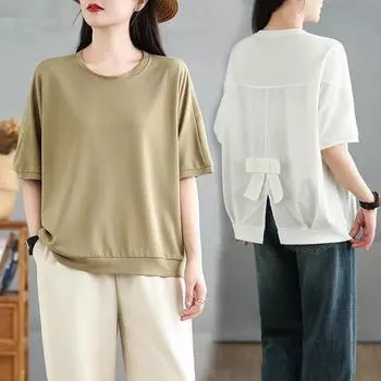 DIMANAF 2025 Летняя футболка больших размеров для женщин, однотонная, винтажная, свободная, свободного покроя, с круглым вырезом, топы, футболки One Size белый