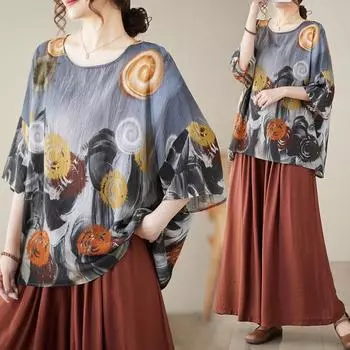 DIMANAF 2025 Летняя футболка больших размеров для женщин из льна с цветочным принтом и коротким рукавом, свободные топы свободного покроя One Size серый