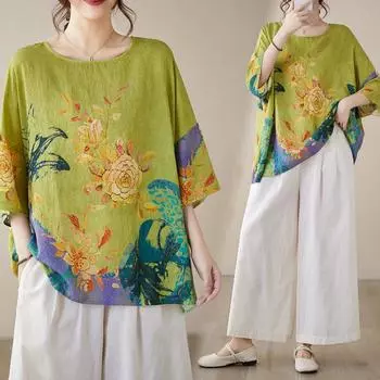 DIMANAF 2025 Летняя футболка больших размеров для женщин, льняные топы с цветочным принтом, короткие рукава, свободные, повседневные One Size зелёный