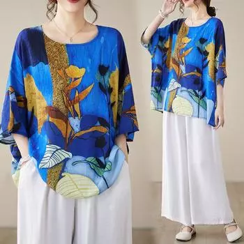 Dimanaf 2025 Летняя футболка больших размеров для женщин из льна с коротким рукавом, свободные повседневные топы с цветочным принтом One Size синий