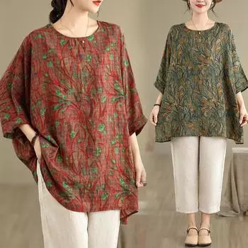 DIMANAF 2025 Летняя футболка больших размеров для женщин с цветочным принтом и рукавами «летучая мышь», свободные топы, повседневные One Size красный