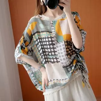 DIMANAF 2025 Летняя футболка больших размеров для женщин с принтом в горошек, асимметричная, с коротким рукавом, свободная, винтажная One Size жёлтый