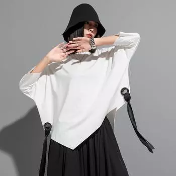 DIMANAF 2025 Летняя футболка больших размеров для женщин, однотонная асимметричная с коротким рукавом, хлопковая, свободная, черная, топы, футболки, повседневные M белый